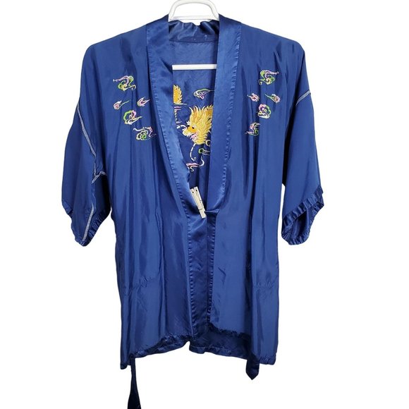 Health Shanghai Size M Kimono Robe Silky Rayon Embroidered Dragon Tie Belt Blue - Picture 11 of 14